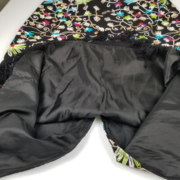 Intriguing Threads Black Blue Floral Embroidered Lined Fringed Boho Skirt Size 4 - Picture 2 of 3